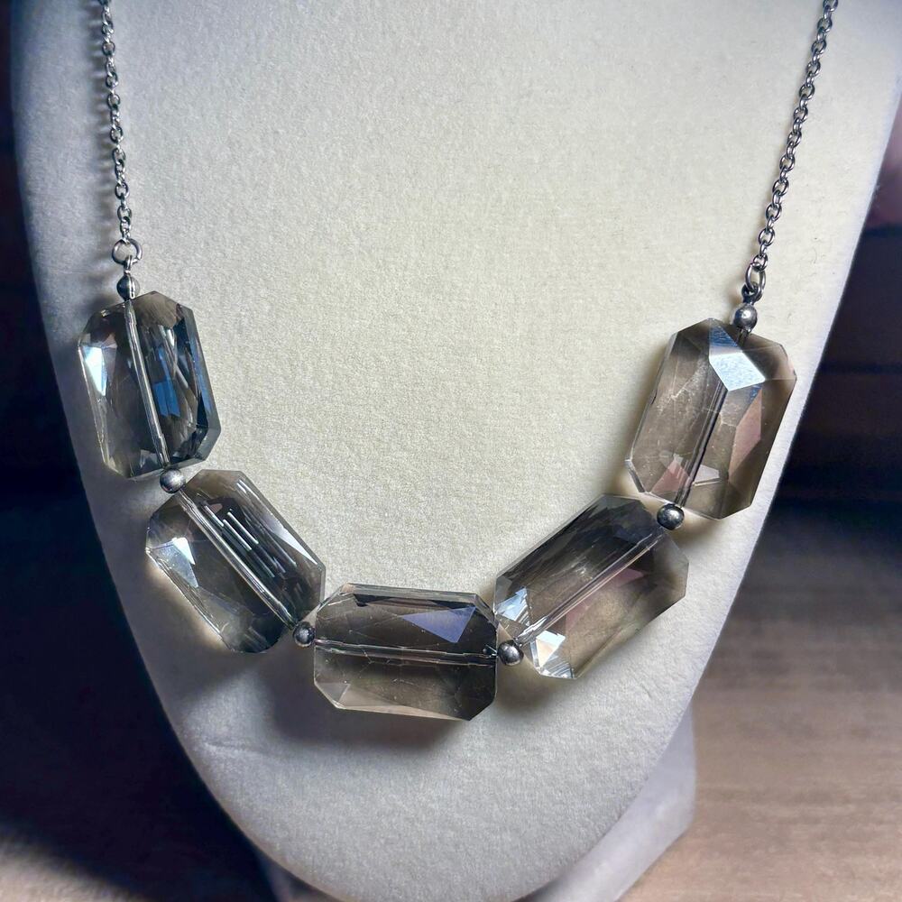 Smoky Crystal Faceted Bead Necklace with Silver Tone Chain